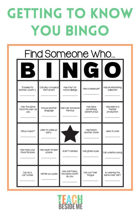 Transition Game Getting to Know You Bingo .